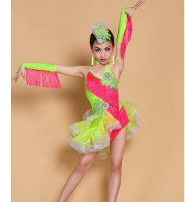 Neon green hot pink patchwork fringes girls kids children school play competition performance professional latin dance dresses outfits